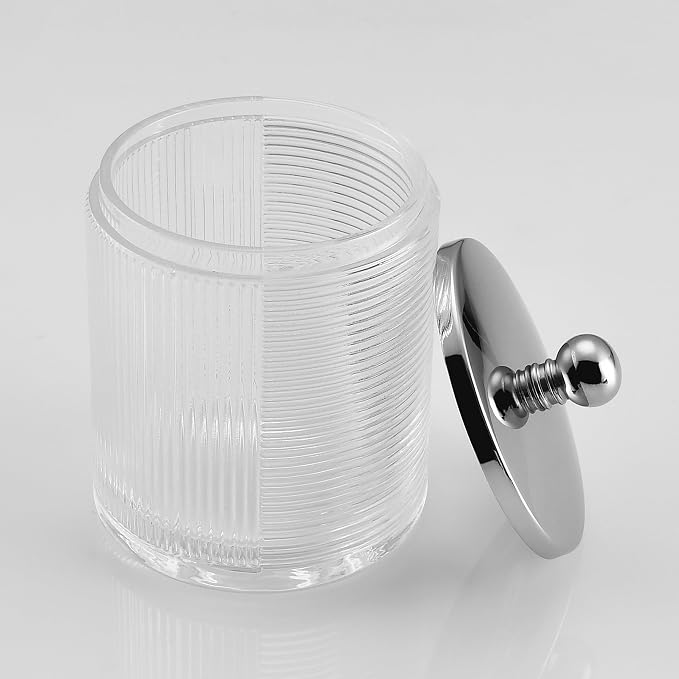 Clear Transparent Apothecary Ribbed Geometric Etched Glass Jar W/Silver/Chrome - Image 3