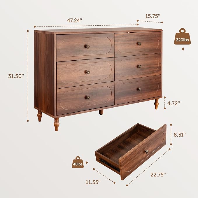 6 Drawer Dresser for Bedroom, Dark Walnut Wood Dresser - Image 2