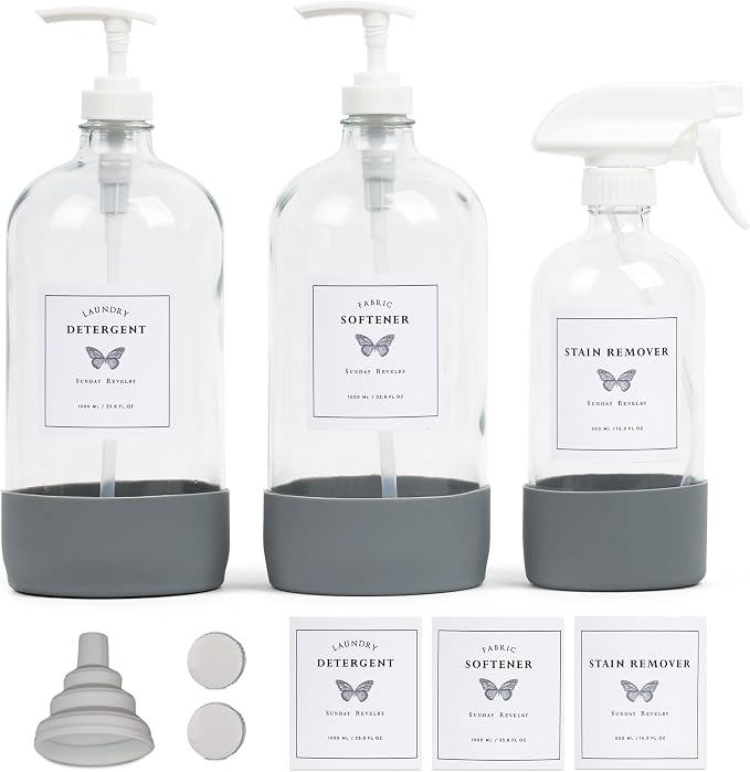 Glass Laundry Dispenser Set w/Silicone Base, 2x 34 oz & 1x 17 oz Pump Dispensers by SundayRevelry