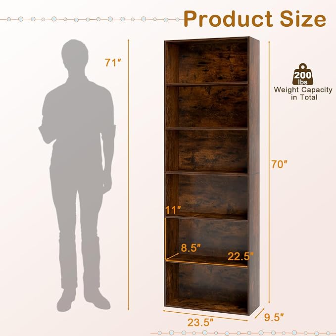 Tangkula 6-Tier Bookcase, 70” Tall Freestanding Bookshelf - Image 3