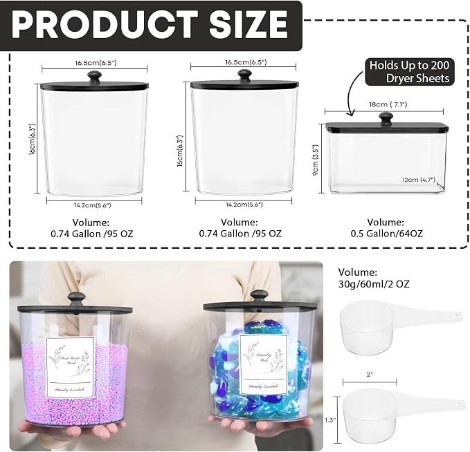 3 Pack Laundry Powder Container & Dryer Sheet Holder, Plastic Laundry Room - Image 2