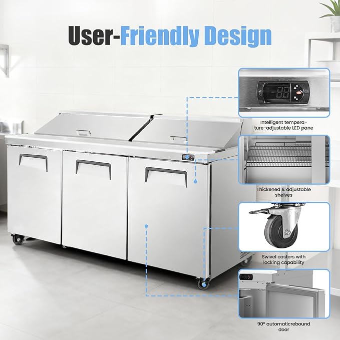 72" W Commercial Refrigerator Sandwich Salad Prep Table, Stainless Steel 3-Door - Image 2