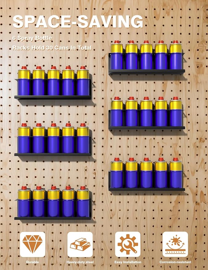 6 Pack Spray Can Holder Organizer, Wall-Mounted Steel Spray Bottle Rack - Image 6