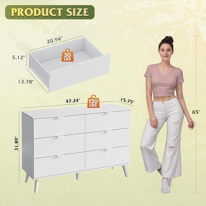 WLIVE 6 Drawer Dresser for Bedroom, 47.24'' Wide Wooden White Dresser, Storage - Image 3