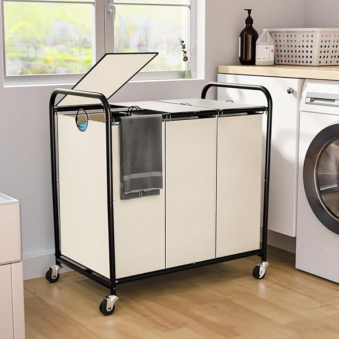 180L Laundry Sorter 3 Section, Rolling Laundry Basket by OLLDIDE
