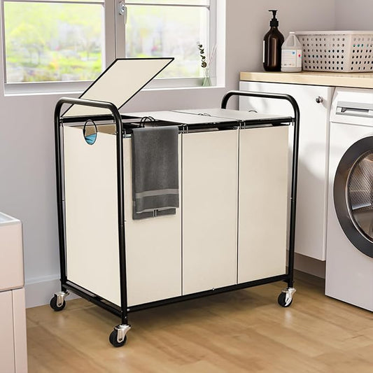 180L Laundry Sorter 3 Section, Rolling Laundry Basket by OLLDIDE