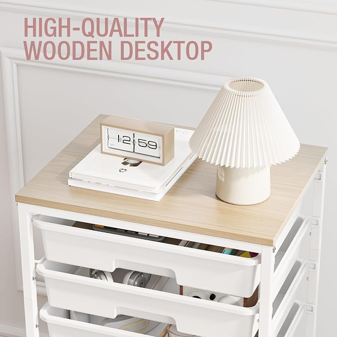 Storage Cart with 8 Drawers, Utility Cart with White Drawers and Wooden Tabletop - Image 6