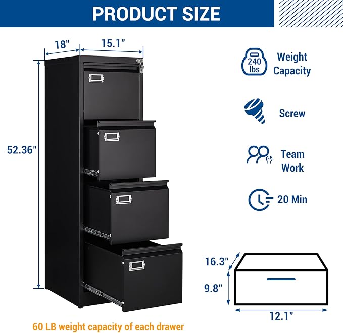 File Cabinet - 4 Drawers Vertical 17.8" Deep Lockable Filing Cabinet Black - Image 3
