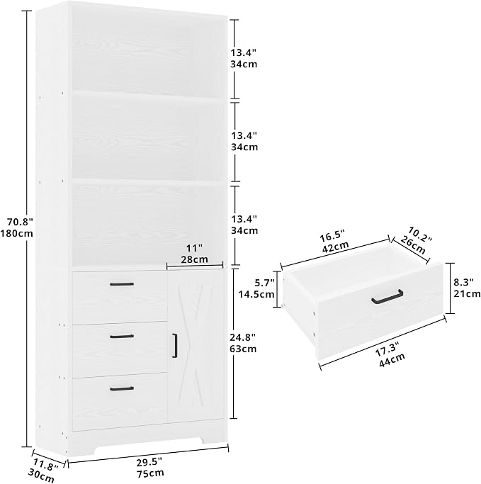 IRONCK Bookshelf with Door and 3 Drawers, 71in Tall Bookcase Shelf with 3-Tier - Image 3