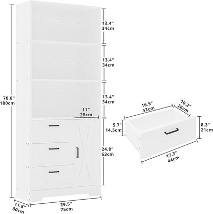 IRONCK Bookshelf with Door and 3 Drawers, 71in Tall Bookcase Shelf with 3-Tier - Image 3