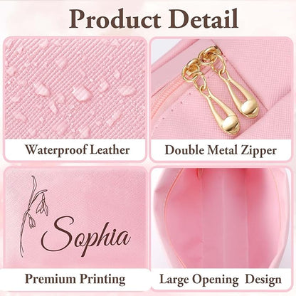 Personalized Makeup Bag with Name & Birth Flower, Custom Leather Cosmetic Bags - Image 5