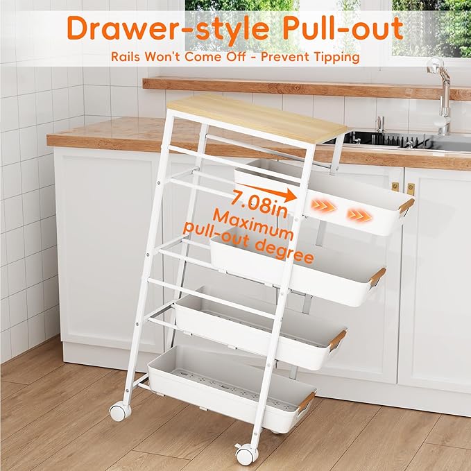 5-Tier Kitchen Storage Cart, Wood Top Rolling Cart Organizer - Image 3