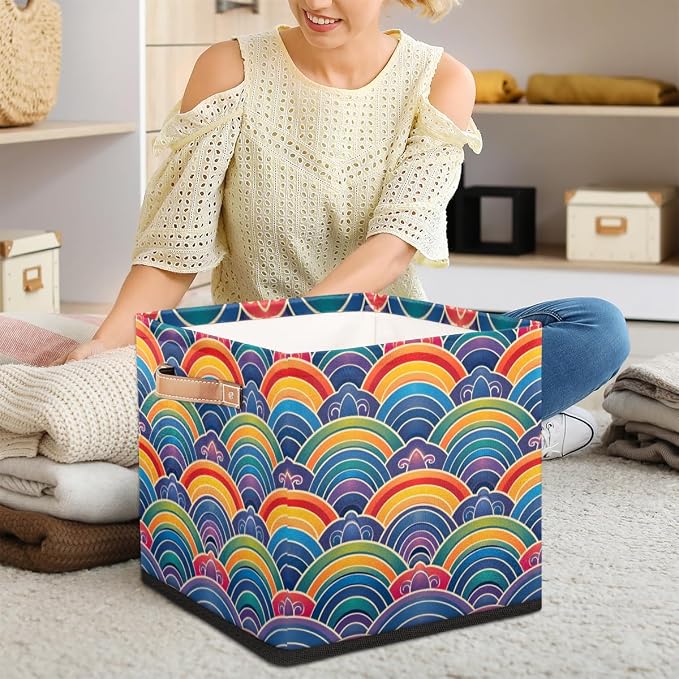TropicalLife 13x13x13 Inch Large Fabric Storage Cube Vintage Rainbow Flowers - Image 3