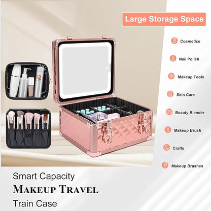 Makeup Box with Led Mirror, Travel Train Hard Case with Rechargeable Mirror - Image 2