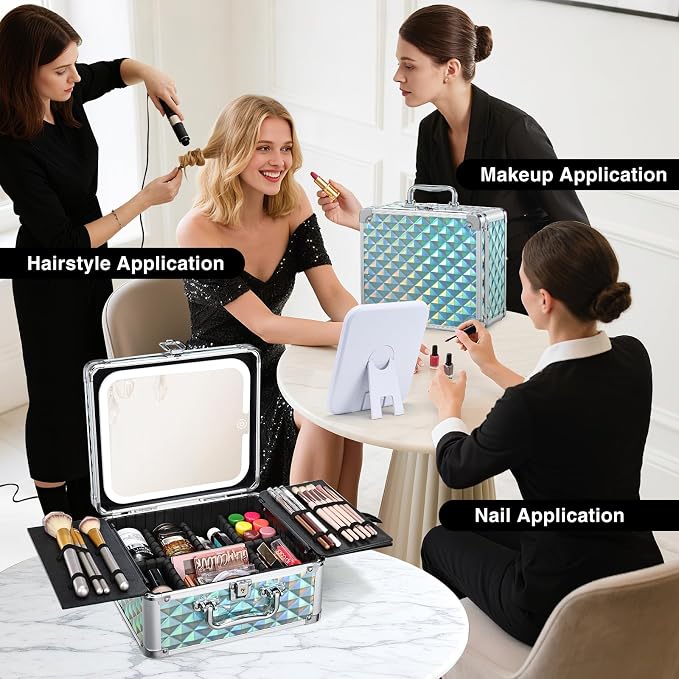 Makeup Case with Magnetic LED Mirror Travel Cosmetic Organizer Portable Makeup - Image 3