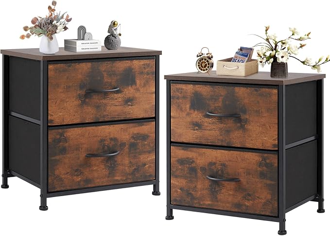 DUMOS Small NightStand Set of 2 Fabric Drawer Dressers Short Bedside Tables by DumosLifestyle