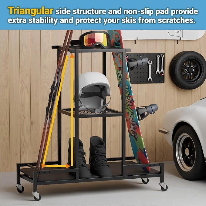 Standing Ski Storage Rack, Holds Snowboards & Skis, 3-Tier Organizer - Image 5