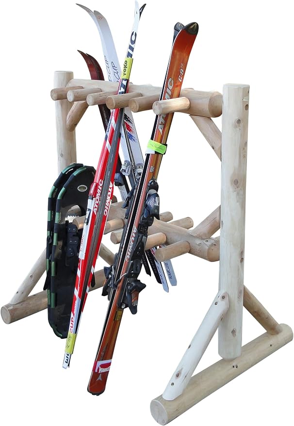 11-Place Freestanding Log Ski Rack Holder, Indoor & Outdoor Snowboard Racks - Image 7