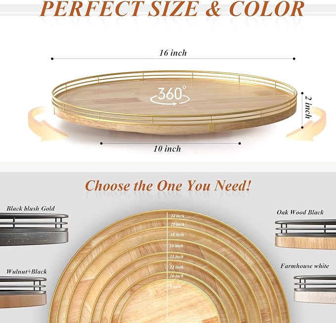 16 Inch Rustic Lazy Susan Turntable – Solid Oak & Iron Wood Rotating Tray - Image 6