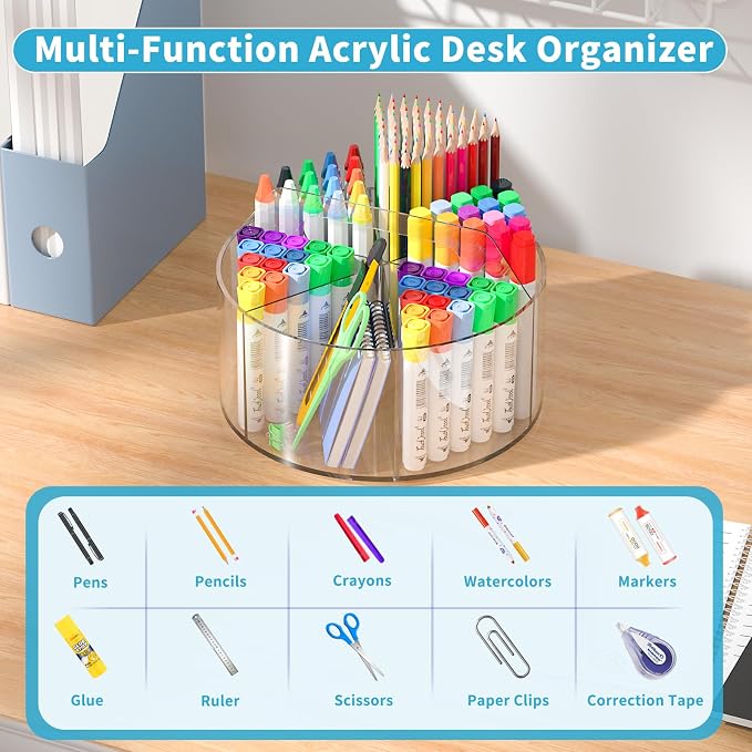 Acrylic Pen Holder for Desks, Acrylic Desk Organizer Clear, 360 Degree Pencil - Image 3