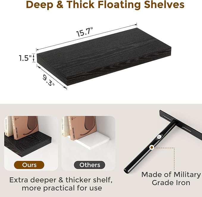 Black Floating Shelves for Wall, 16 Inch Wall-Mounted Bathroom Shelves Set of 2 - Image 3