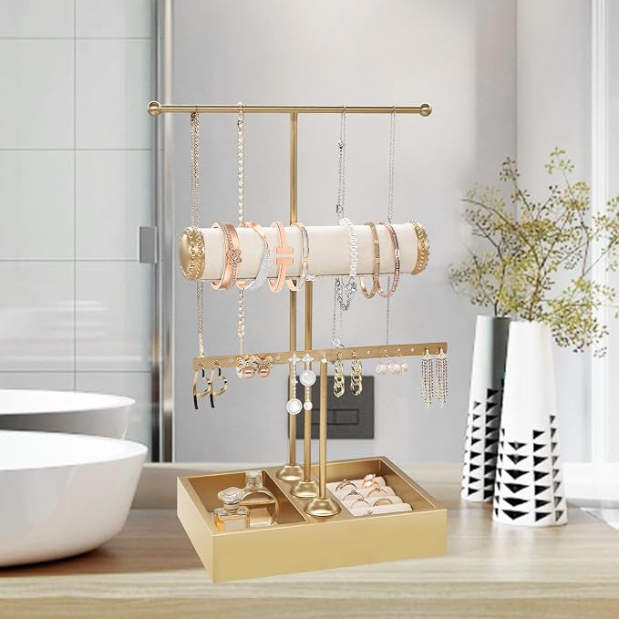 Jewelry Organizer Stand Necklace Organizer Earring Holder, 3-Tier Gold Jewelry - Image 7