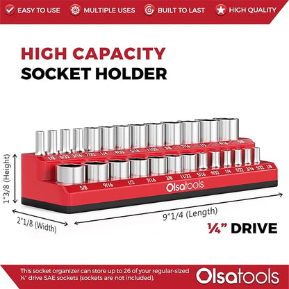 Olsa Tools Magnetic Socket Organizer | 1/4-inch Drive | SAE | RED | Holds 26 - Image 2