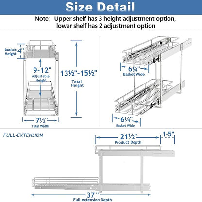 LOVMOR 2 Tier Individual Pull Out Cabinet Organizer 7½" W x 21½" D, Slide Out - Image 3