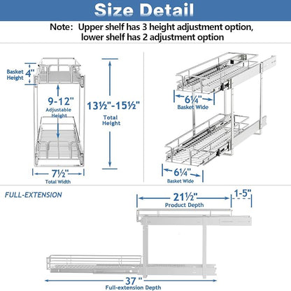2 Tier Individual Pull Out Cabinet Organizer 7½" W x 21½" D, Heavy Duty Cabinet - Image 3