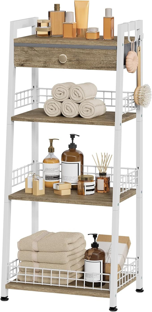 4-Tier Ladder Shelf with Drawer, Bathroom Stand Floor Storage Shelf, by Gewudraw