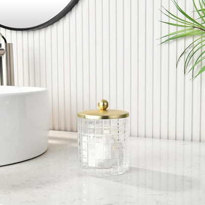 Clear Tranparent Apothecary Etched Geometric Grid Glass Jar W/Gold Metal Lid - Image 4