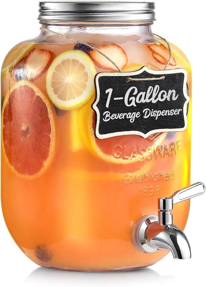 1 Gallon Glass Beverage Dispenser, 18/8 Stainless Steel Spigot and Lid by NETANY