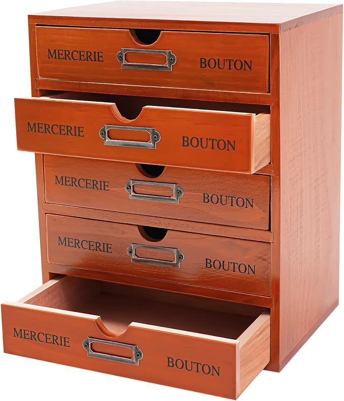Vintage 5-Drawer Wooden Desk Organizer, Apothecary Cabinet & Library Card by Unknown