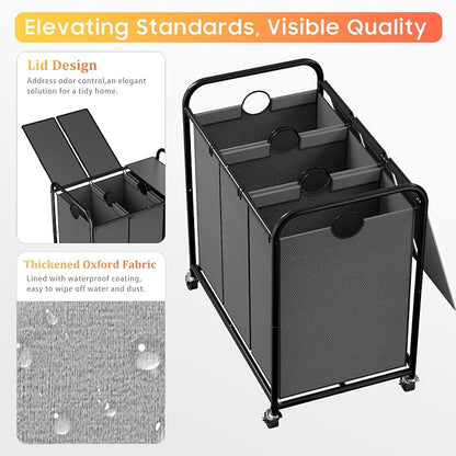 180L Laundry Sorter 3 Section, Rolling Laundry Basket - Image 4