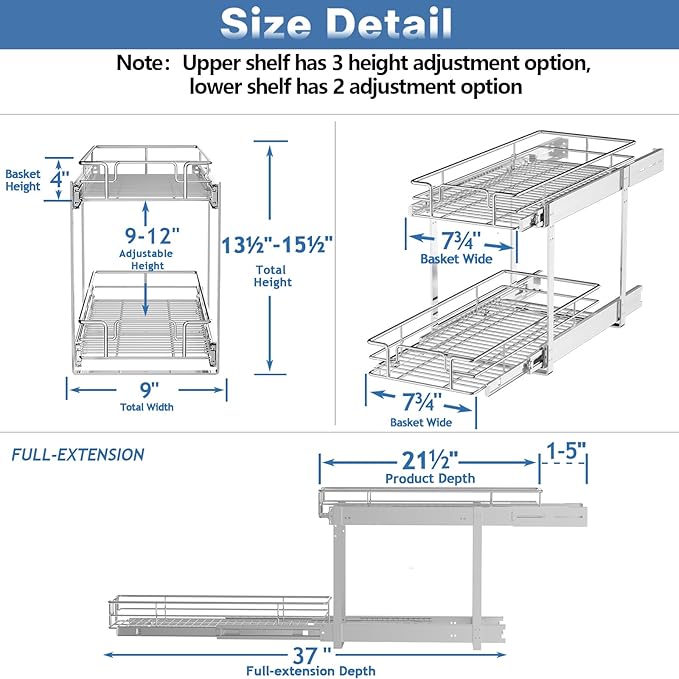 2 Tier Individual Pull Out Cabinet Organizer 9" W x 21½" D, Heavy Duty Cabinet - Image 3