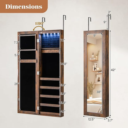 5 LEDs Mirrored Jewelry Cabinet Wall Mounted or Door Hanging, 42” Jewelry Box - Image 2