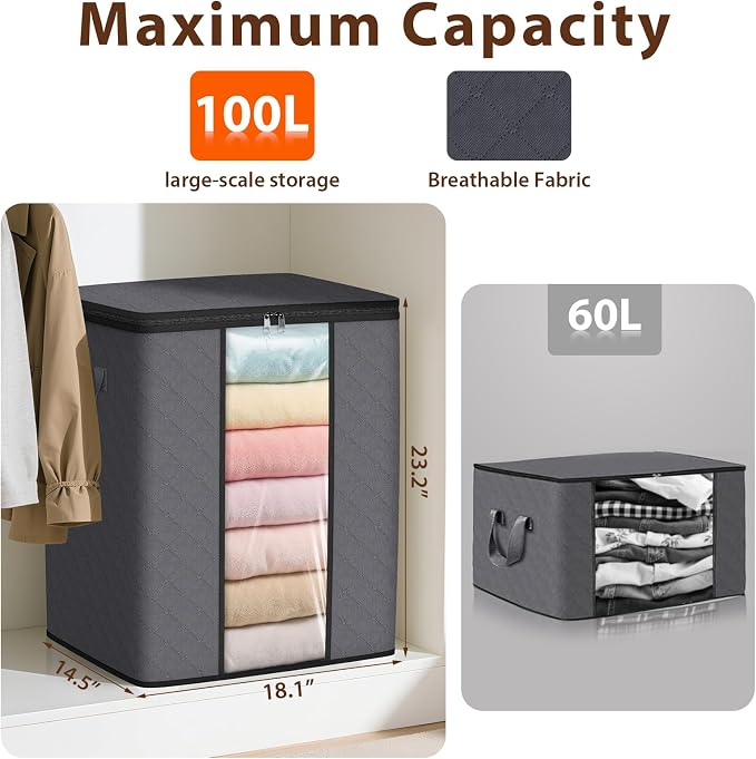 SpaceWhisper 3 Pack 100L Clothes Storage, Foldable Thick Fabric Blanket Storage - Image 2