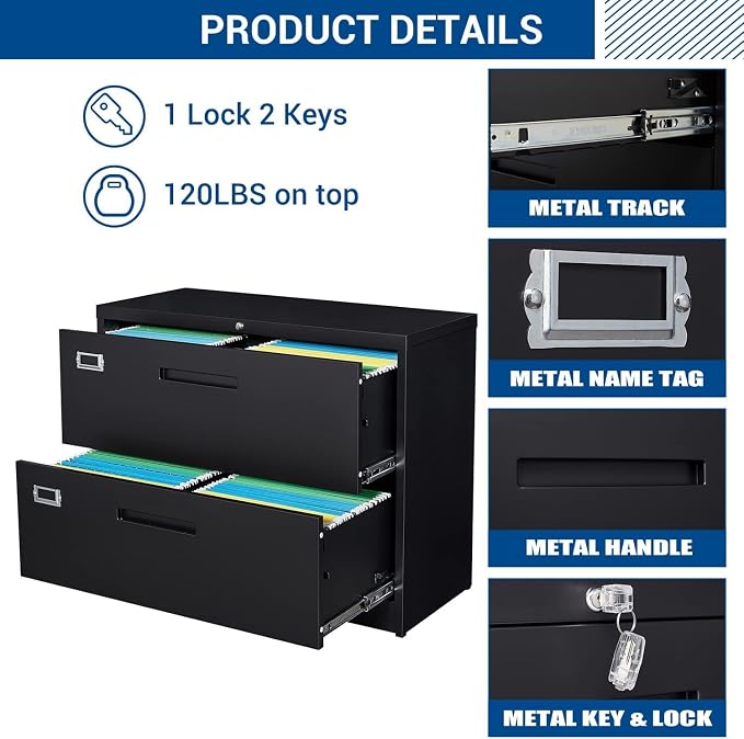 Lateral File Cabinet with Lock, 2 Drawer Large Metal Filing Cabinet, Home - Image 5