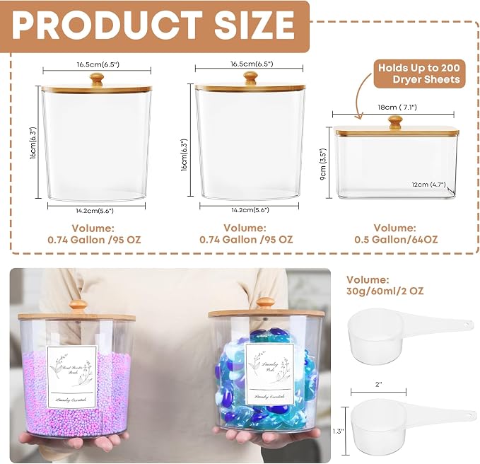 3 Pack Laundry Powder Container & Dryer Sheet Holder, Large Plastic Laundry - Image 2