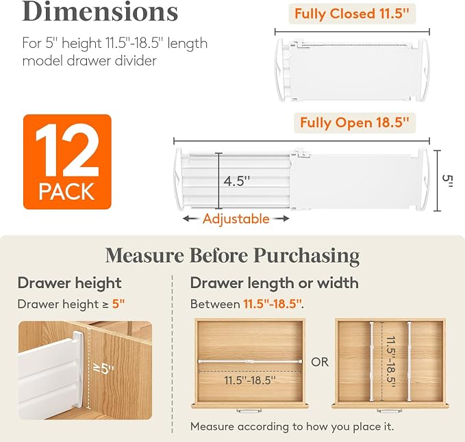 Lifewit 5" Tall 12 Pack Deep Drawer Dividers, 11.5-18.5" Expandable Drawer - Image 2