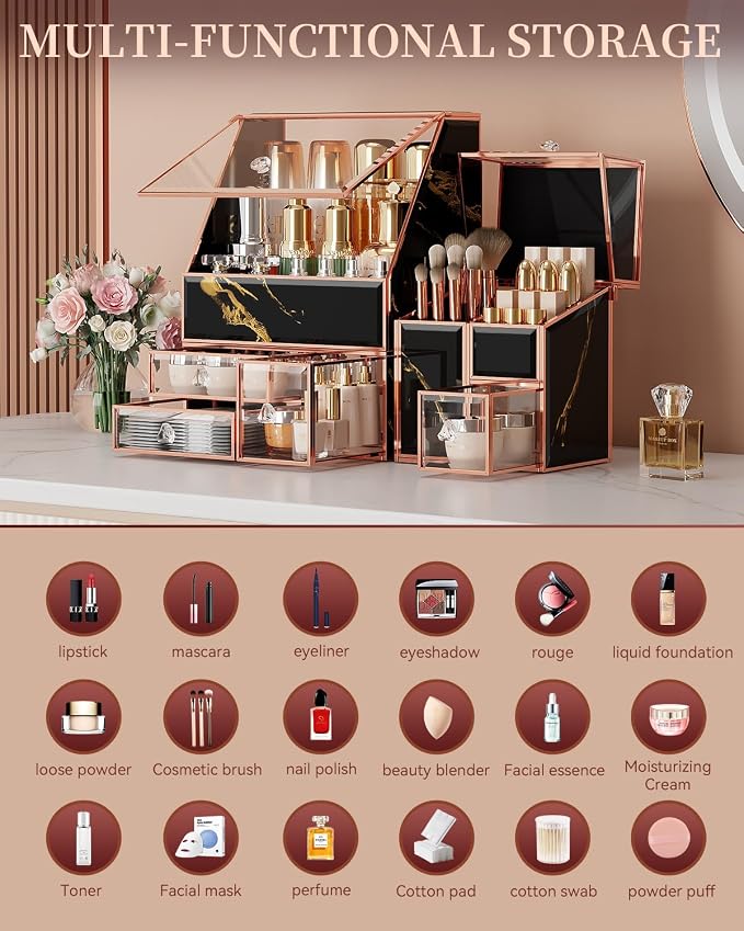 Makeup Organizer Black, Glass Vanity Organizer - Image 3
