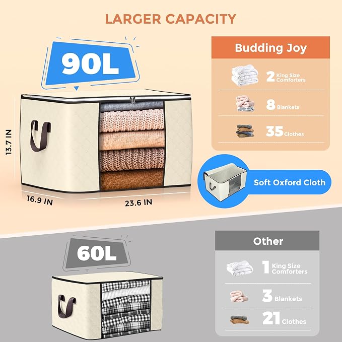 90 L Large Storage Bags, 6 Pack Clothes Storage Bins Foldable Closet Organizers - Image 2