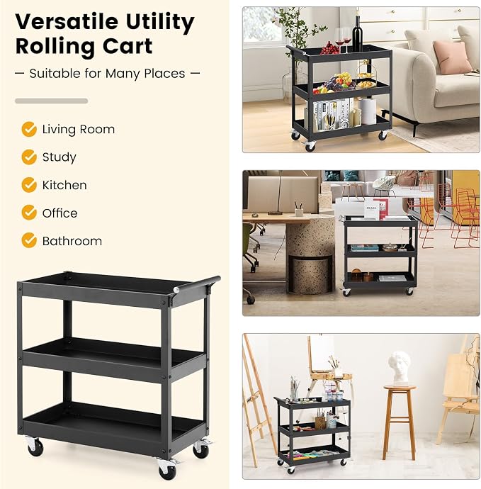 Goplus 3-Tier Utility Cart, Heavy Duty Commercial Service Tool Cart w/Lockable - Image 6