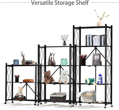 5 Tier Folding Shelf with Wheels, Metal Steel Collapsible Shelves, No Assembly - Image 4