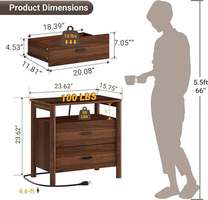 Night Stand with Charging Station, 2 Drawers Nightstand with Open Shelf - Image 2