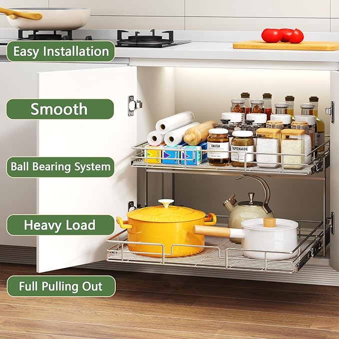 2 Tier Individual Pull Out Cabinet Organizer 30" W x 21½" D, Heavy Duty Cabinet - Image 2