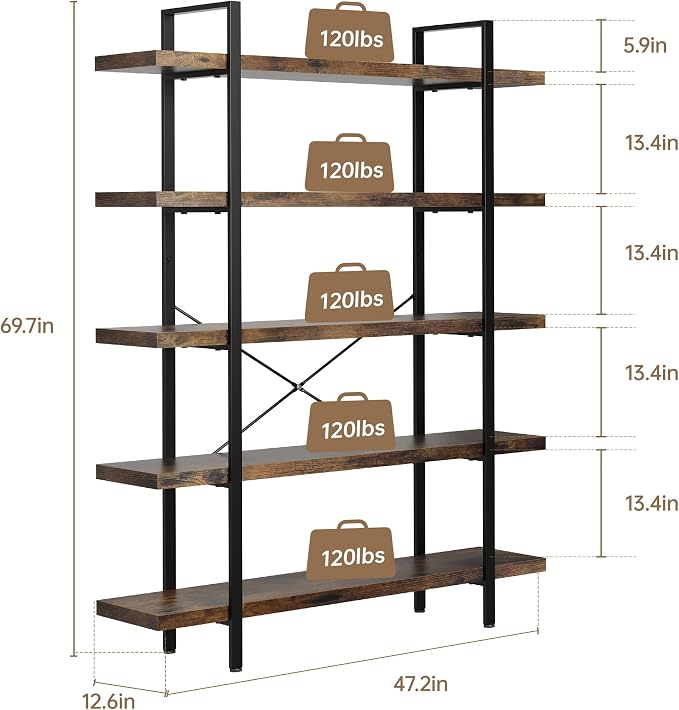 Bookshelf Set of 2, Heavy Duty 5-Tier Industrial Bookcase, 120lbs Shelf Capacity - Image 2