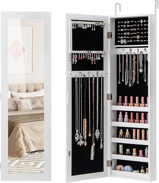 LOKO 42” Mirrored Jewelry Cabinet, Wall/Door Mounted Hanging Jewelry Armoire by LOKO