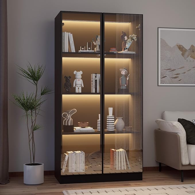 Glass Display Cabinet with LED Lights, Display Case Bookcase with 4-Tier Shelves - Image 3