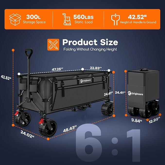 48" L Folding Beach Wagon Cart Foldable, 560lbs Weight Capacity 300L Heavy Duty - Image 2